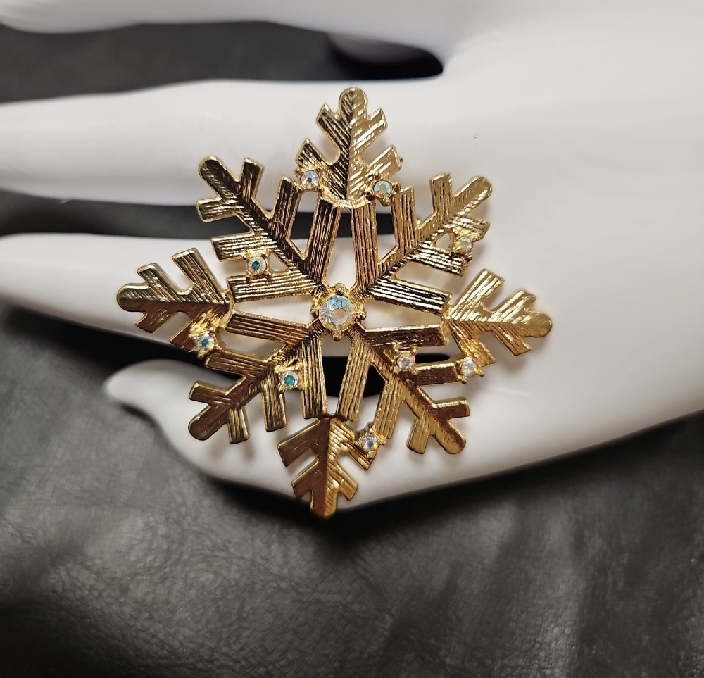 Gold Snowflake Brooch with Aurora Crystals